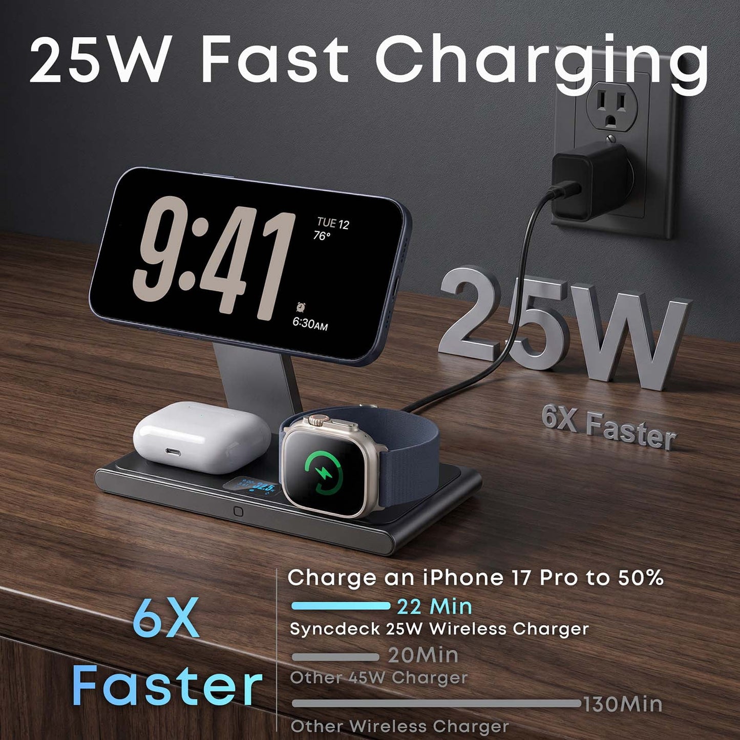 Lafati Foldable 3-in-1 Wireless Charging Station - 25W Max Fast Charger with Digital Power Display & 45W Adapter, Visible Charging Hub for iPhone 16/15/14/13 Pro Max, Apple Watch, AirPods