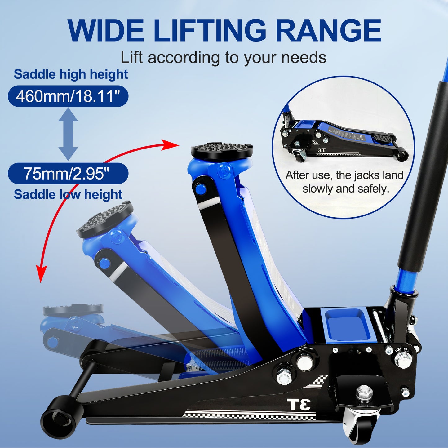 Floor Jack,3Ton/6600lbs Low Profile Floor Jack,dual Piston Quick Lift Pump,Lifting Range 75mm/2.95"-500mm/19.69",Blue