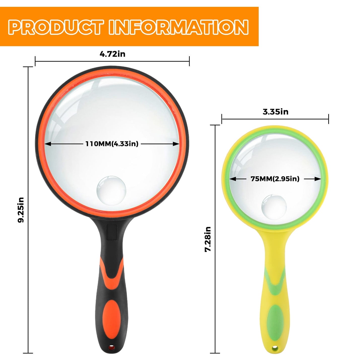 Nazano 2 Pcs Magnifying Glass, Large Handheld Magnifier Magnafying, Non-Slip Rubber Handle for Handheld Seniors Reading & Children Science/Explore