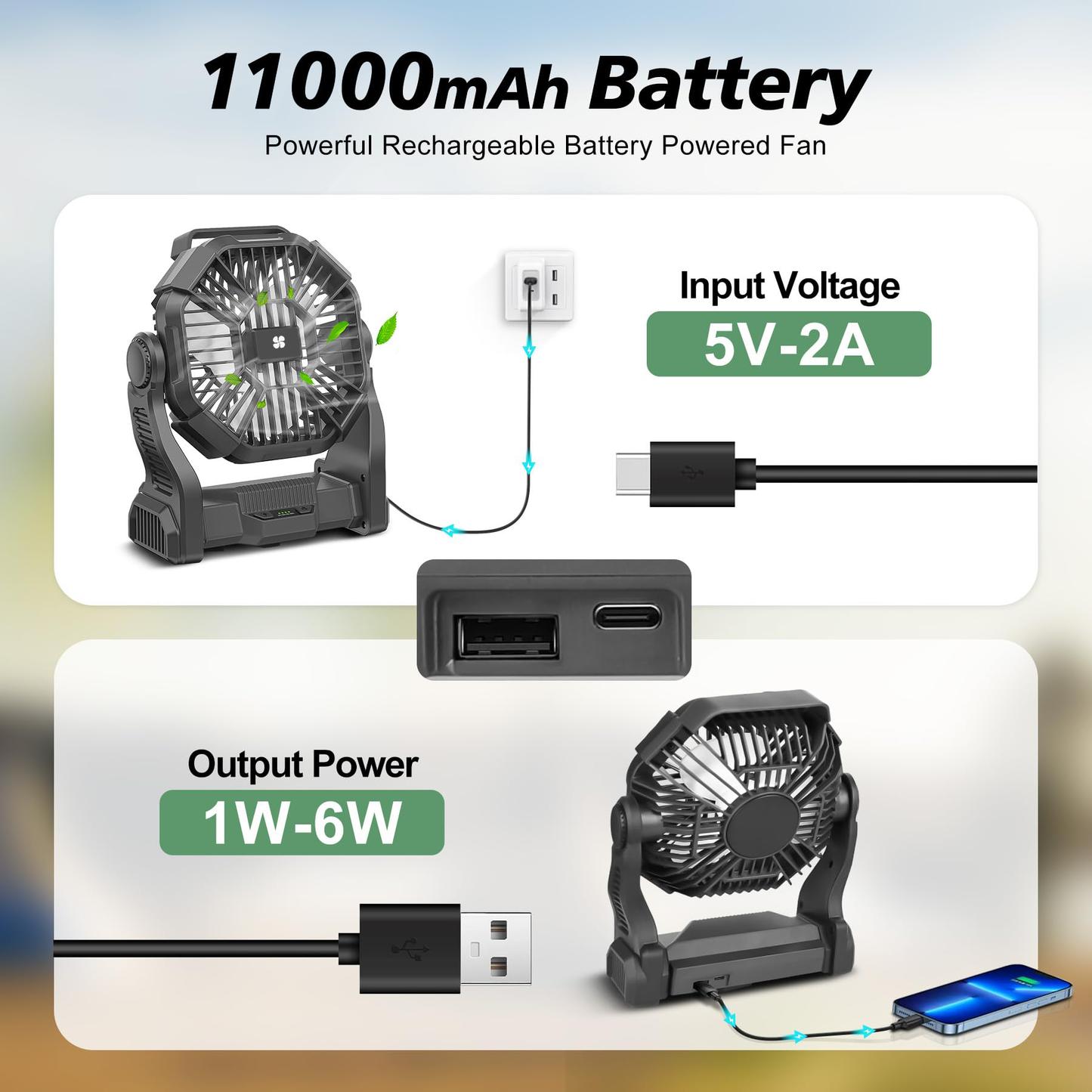 Camping Fan with LED Lantern, 11000mAh Portable Battery Operated Outdoor Fan, Personal Rechargeable Fan for Travel, Hiking, Fishing, Picnic（Orange）