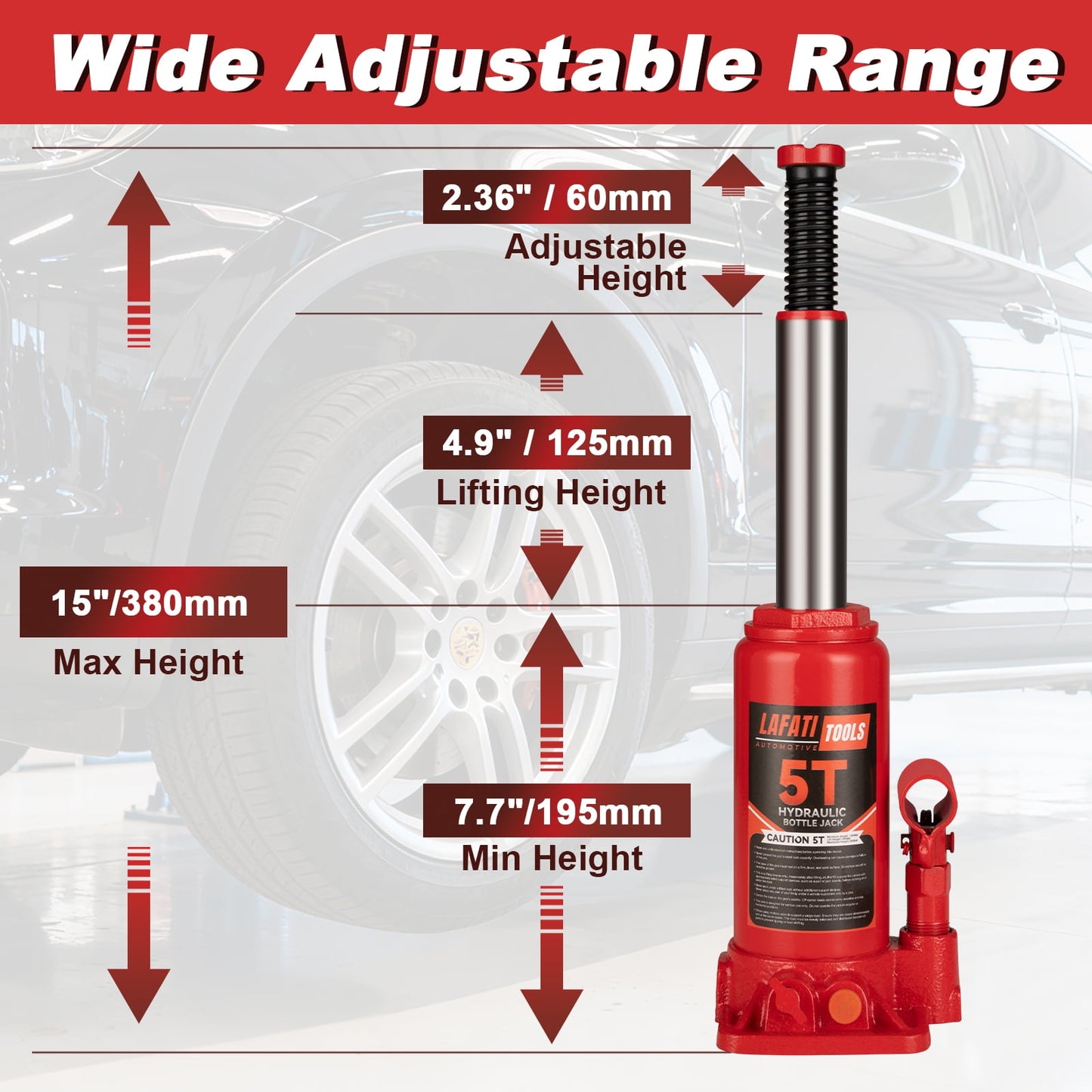 Lafati 5 Ton Hydraulic Bottle Jack,Heavy Duty Welded Car Jack, Manual , 7.7"-15" High Capacity for Automotive Car Repair Shop Use