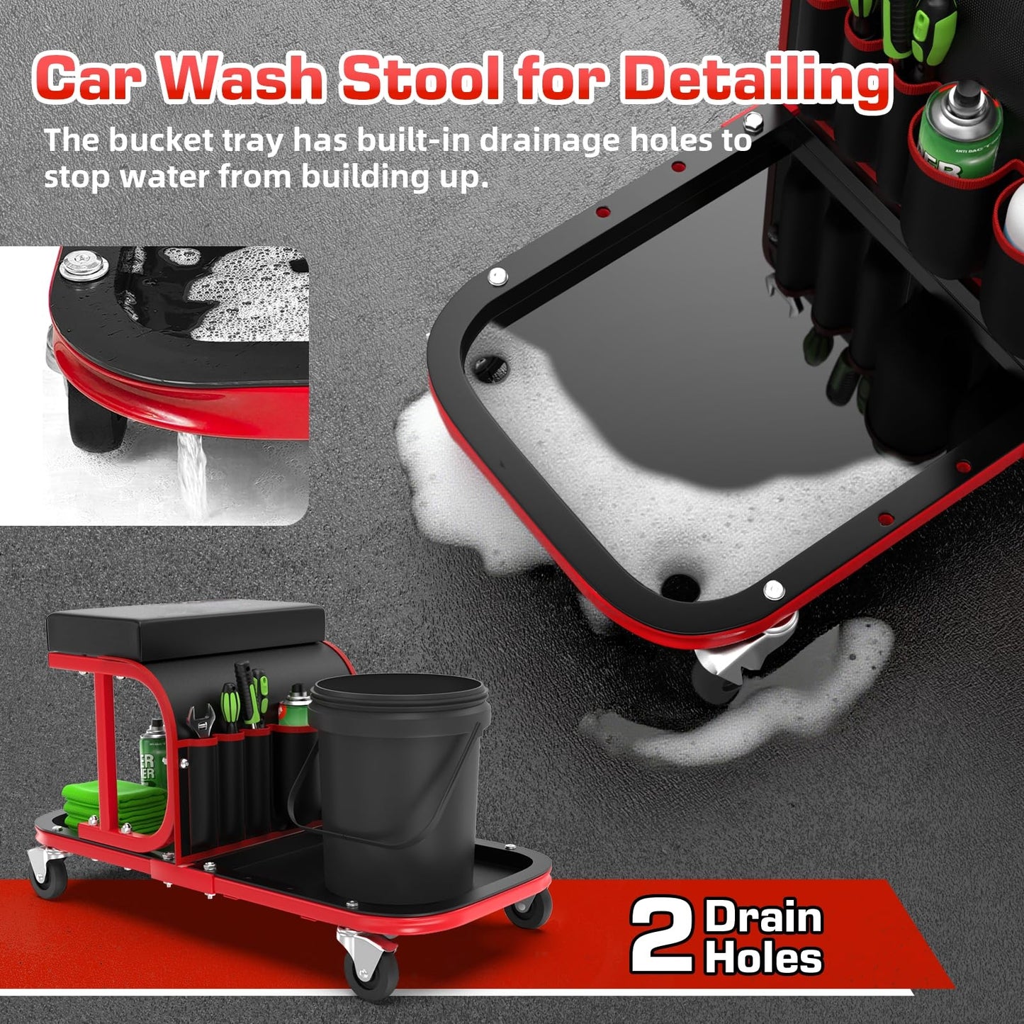 Lafati Rolling Shop Stool with Wheels – 300 lbs Capacity Mechanic Garage Stool, Auto Detailing Seat with Tool Bag & Tray, 6 Swivel Wheels + 2 Replacements, Red