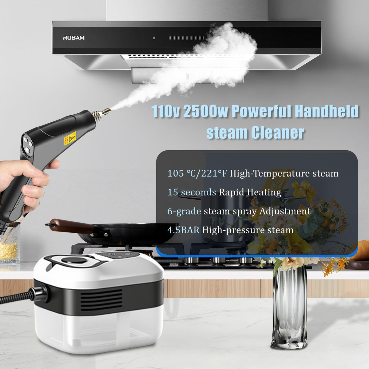 Lafati 2500W Handheld Steam Cleaner - 15s Fast Heat-Up High-Pressure Steam, 6-Level Adjustable, Multi-Purpose Cleaner for Floor, Kitchen, Bathroom, Car, Grout (White)