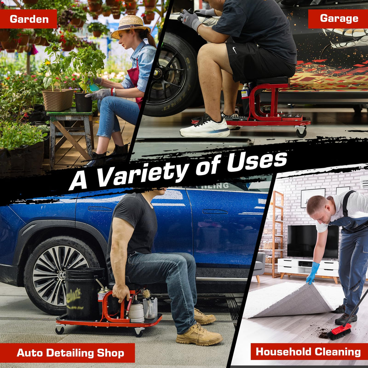 Lafati Rolling Shop Stool with Wheels – 300 lbs Capacity Mechanic Garage Stool, Auto Detailing Seat with Tool Bag & Tray, 6 Swivel Wheels + 2 Replacements, Red