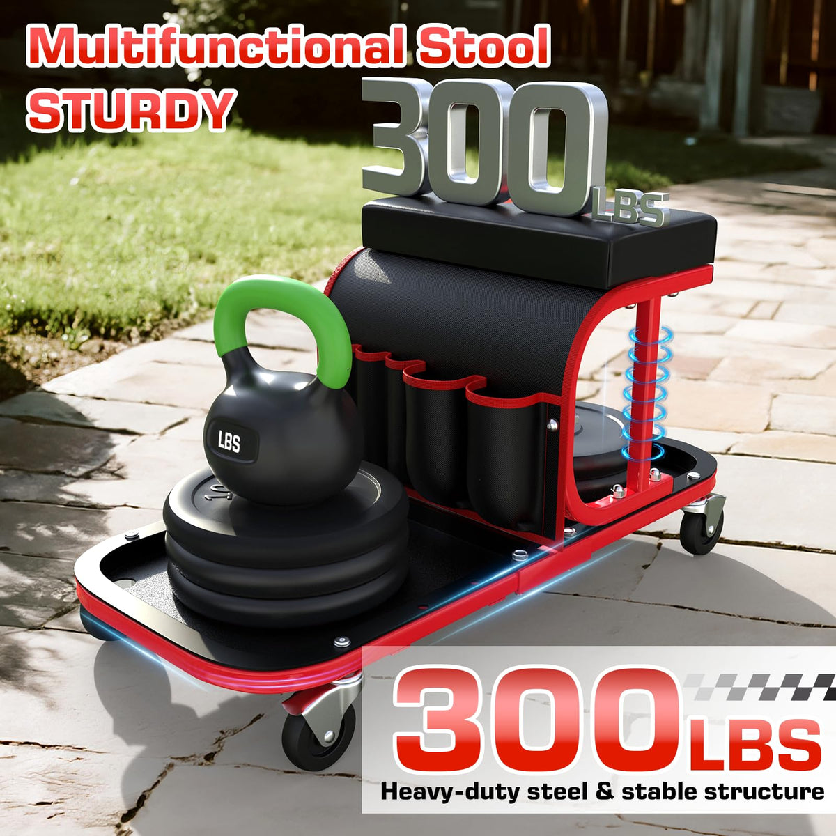 Lafati Rolling Shop Stool with Wheels – 300 lbs Capacity Mechanic Garage Stool, Auto Detailing Seat with Tool Bag & Tray, 6 Swivel Wheels + 2 Replacements, Red