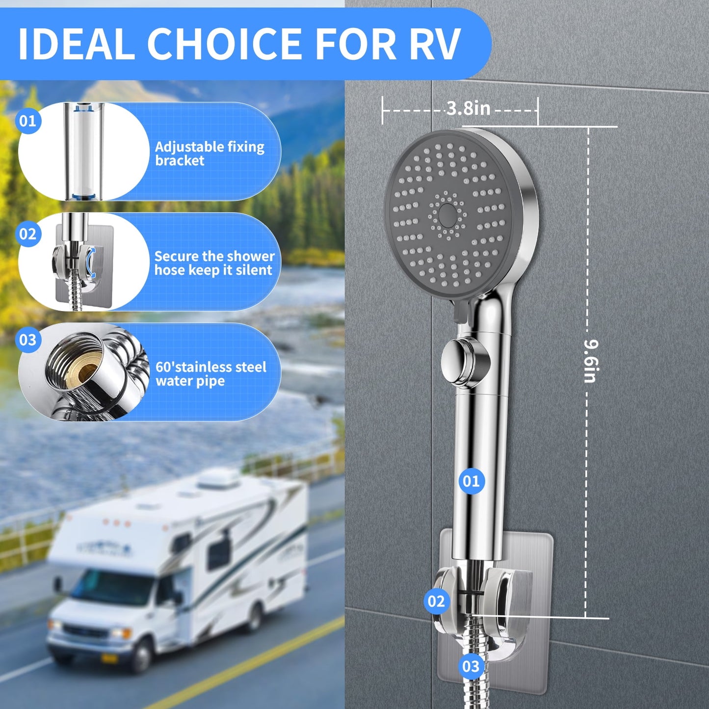 RV Shower Head with Hose, 5 Mode High Pressure Shower Head Replacement, Handheld on/off with Holder、Hose, Travel Trailer, Water Saving Motorhome