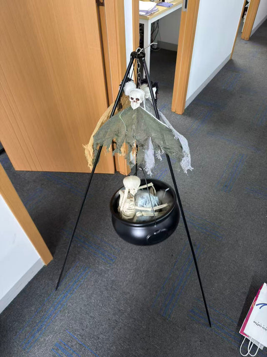 Halloween Decorations Bundle - 130cm/51.2" Tall Witches Cauldron, 3pcs Hanging Ghosts, 60cm Skeleton, Skull Ornament, 3 Ground Stakes, 4 Hooks - Indoor Outdoor Yard Porch Lawn Party Supplies
