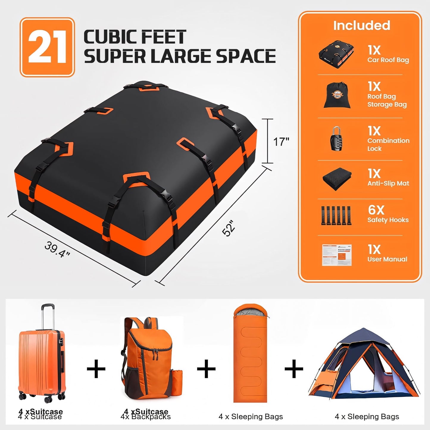 Car Rooftop Cargo Carrier - 21 Cubic feet, 100% Waterproof Heavy Duty 840D Car Roof Bag for All Vehicles with/Without Racks -Slip Mat + Reinforced Straps + 6 Door Hooks + Luggage Lock