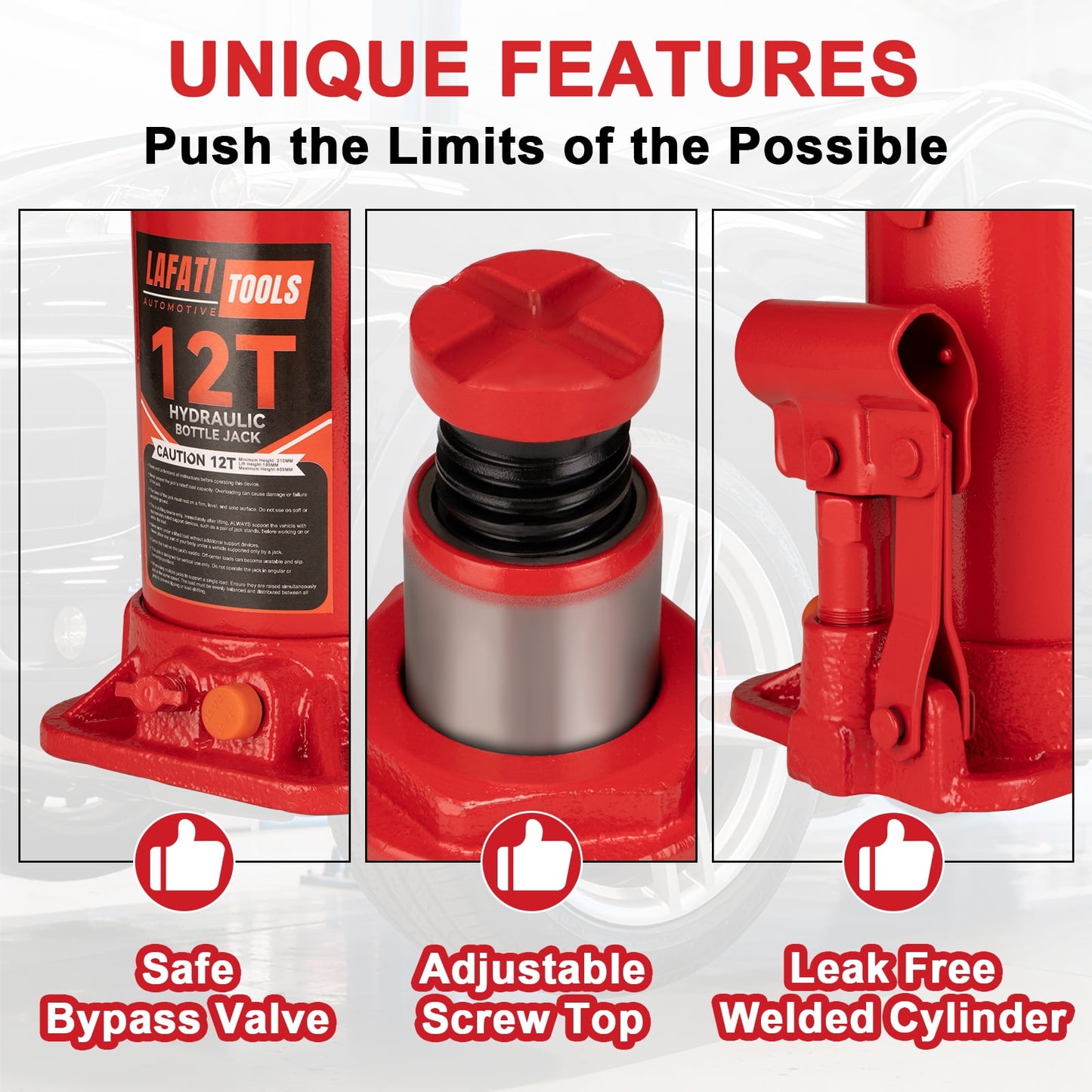 Lafati Hydraulic Welded Bottle Jack, 12 Ton (24,000 lb) Capacity, Red