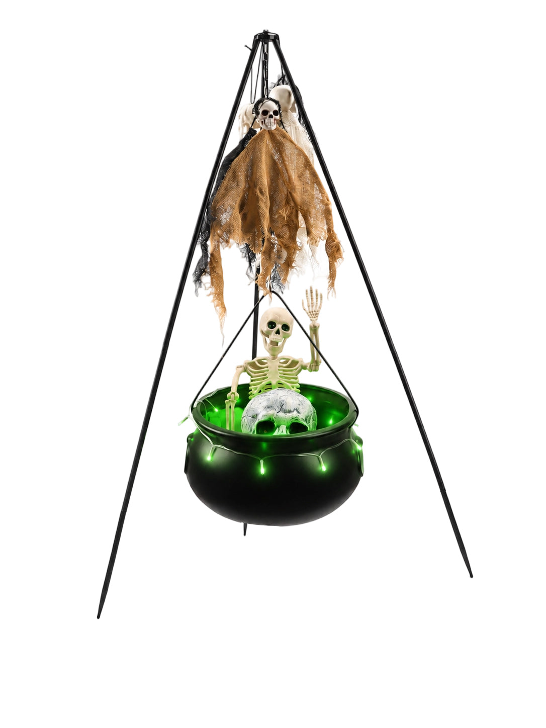 Halloween Decorations Bundle - 130cm/51.2" Tall Witches Cauldron, 3pcs Hanging Ghosts, 60cm Skeleton, Skull Ornament, 3 Ground Stakes, 4 Hooks - Indoor Outdoor Yard Porch Lawn Party Supplies