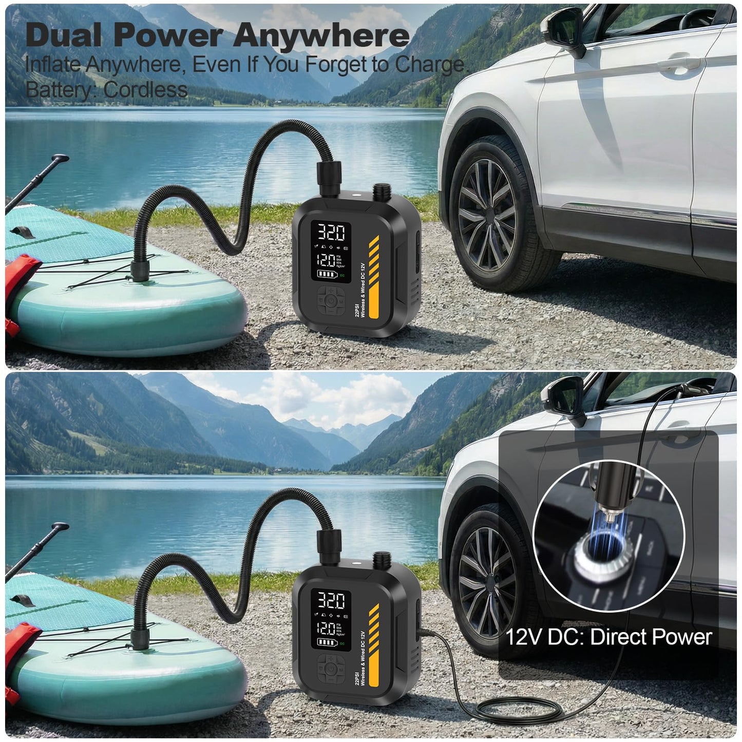 Electric Paddle Board Pump Portable, 22 PSI Rechargeable Electric SUP Air Pump, Intelligent Dual Stage Inflation & Deflation, Auto-Off, for Paddle Boards, Kayak, Kite, Tent