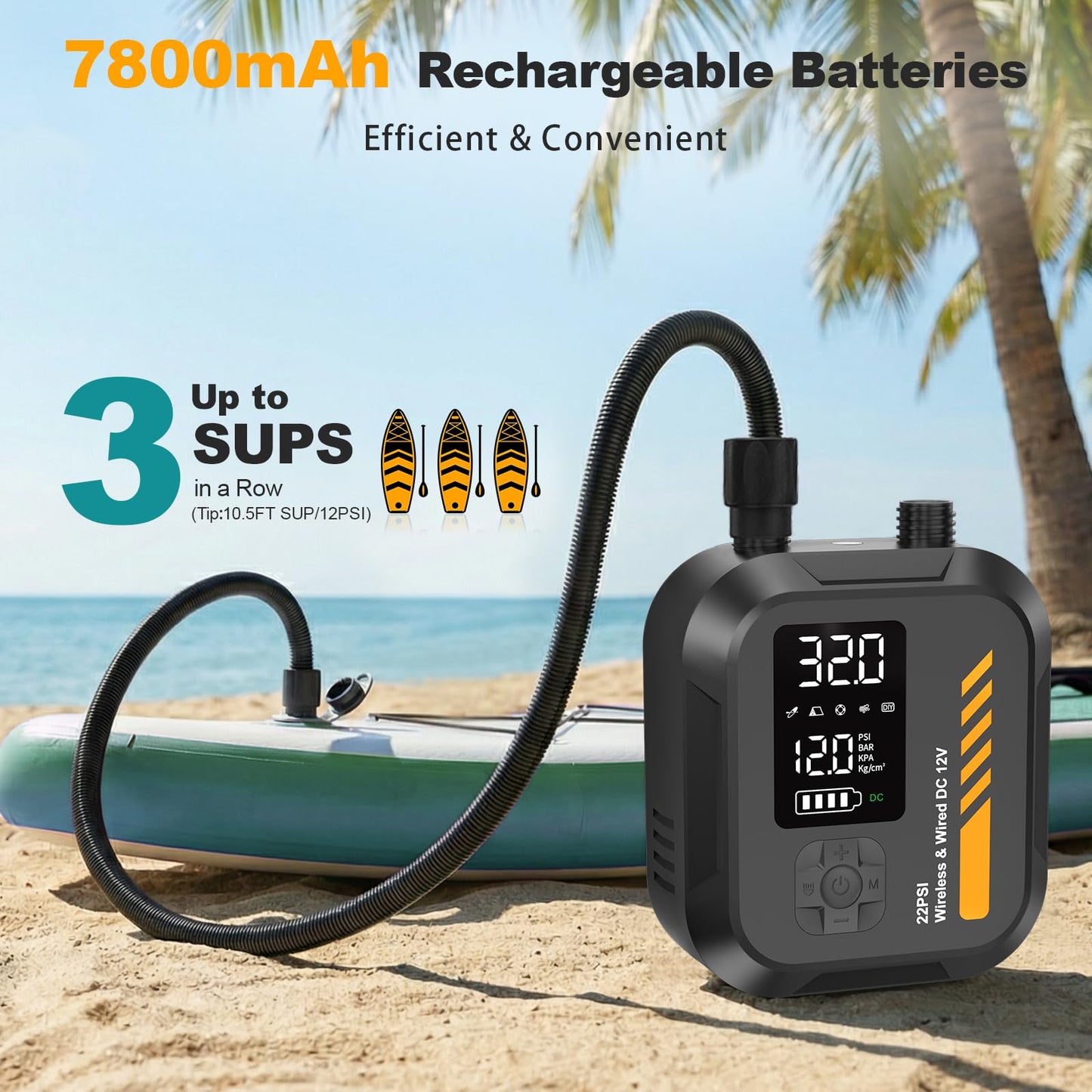 Electric Paddle Board Pump Portable, 22 PSI Rechargeable Electric SUP Air Pump, Intelligent Dual Stage Inflation & Deflation, Auto-Off, for Paddle Boards, Kayak, Kite, Tent