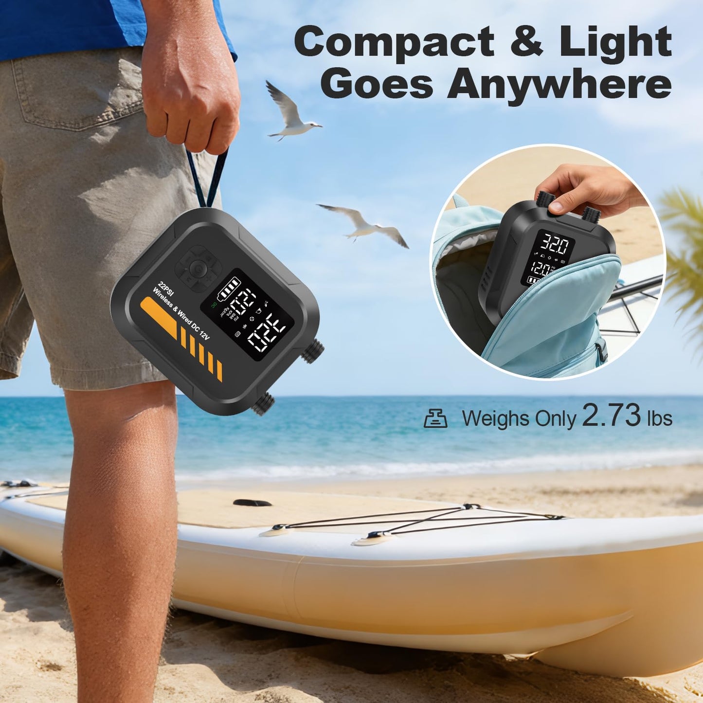 Electric Paddle Board Pump Portable, 22 PSI Rechargeable Electric SUP Air Pump, Intelligent Dual Stage Inflation & Deflation, Auto-Off, for Paddle Boards, Kayak, Kite, Tent