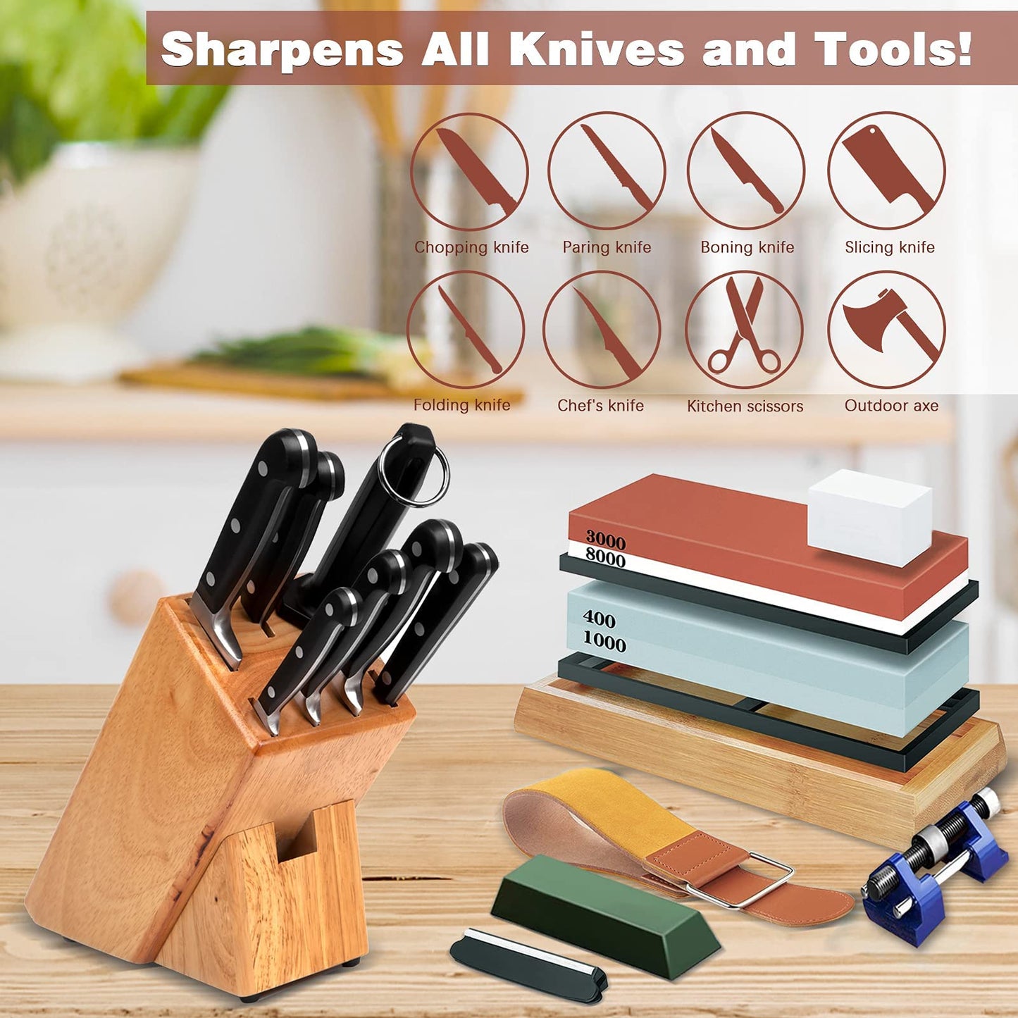 Weswose Knife Sharpening Whetstone Set - 11-Piece Professional Knife Sharpener Kit with Dual Grit 400/1000 & 3000/8000 Sharpening Stones, Bamboo Base, Leather Strop, and Polishing Compound