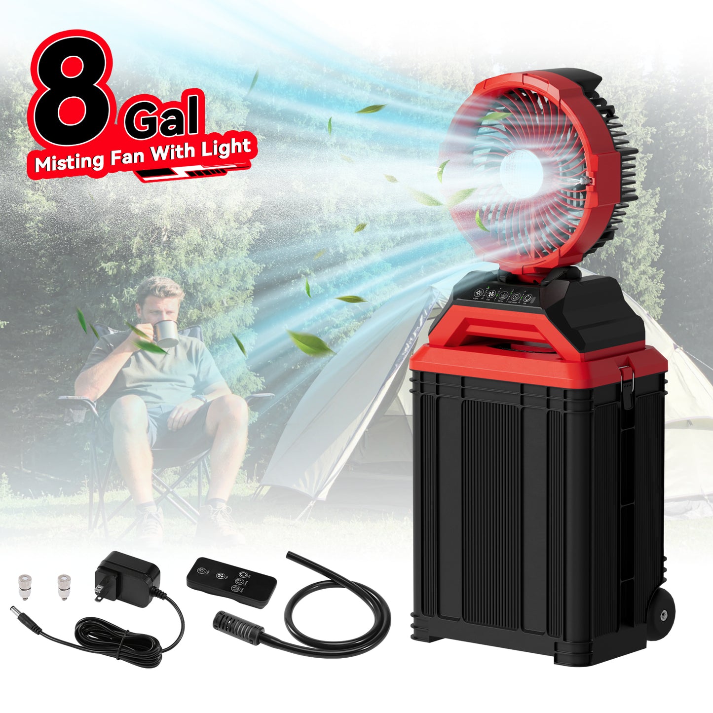 30L Portable Misting Fan with Wheels, 30000mAh Rechargeable Battery Operated Fan, 11" Large Outdoor Fan with Dual Misting Nozzles, 90° Auto-Oscillation, Solar Charging Ready, for Patio, Jobsite