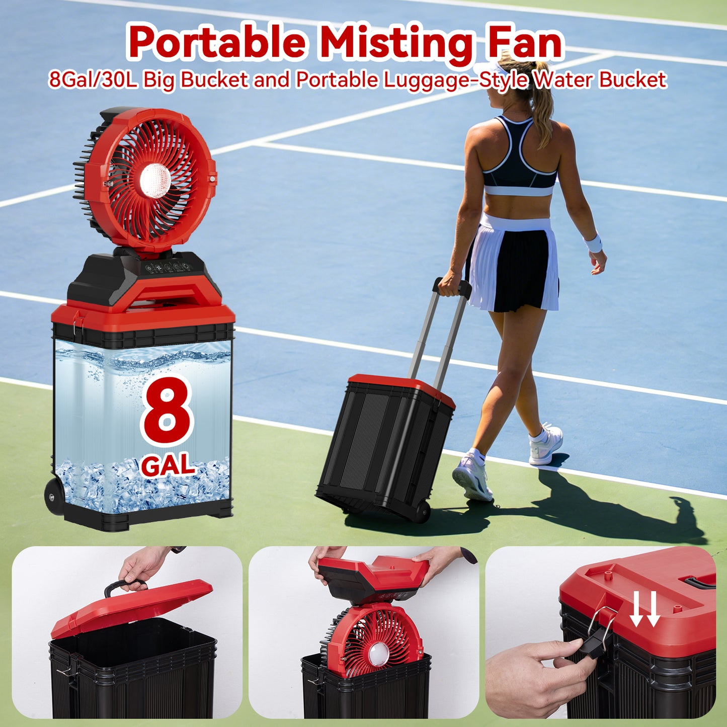 30L Portable Misting Fan with Wheels, 30000mAh Rechargeable Battery Operated Fan, 11" Large Outdoor Fan with Dual Misting Nozzles, 90° Auto-Oscillation, Solar Charging Ready, for Patio, Jobsite