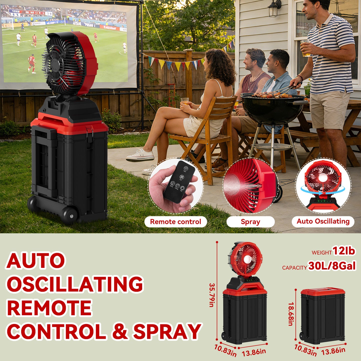 30L Portable Misting Fan with Wheels, 30000mAh Rechargeable Battery Operated Fan, 11" Large Outdoor Fan with Dual Misting Nozzles, 90° Auto-Oscillation, Solar Charging Ready, for Patio, Jobsite