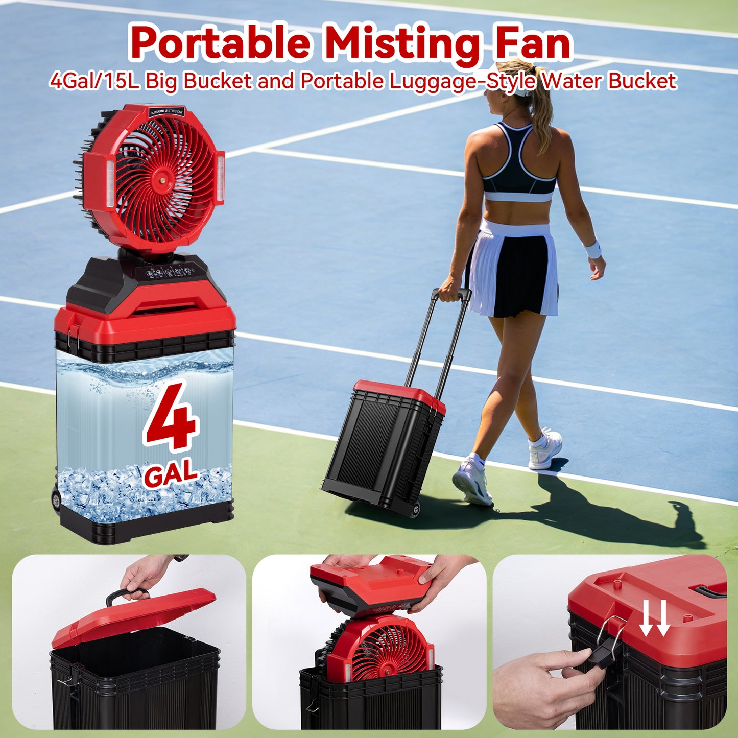 15L Portable Misting Fan with Wheels, 30000mAh Rechargeable Battery Operated Outdoor Fan, 4 Speeds & 4 Mist Modes, 90° Auto-Oscillation, Solar Charging Supported, for Patio, Camping, Jobsite, BBQ